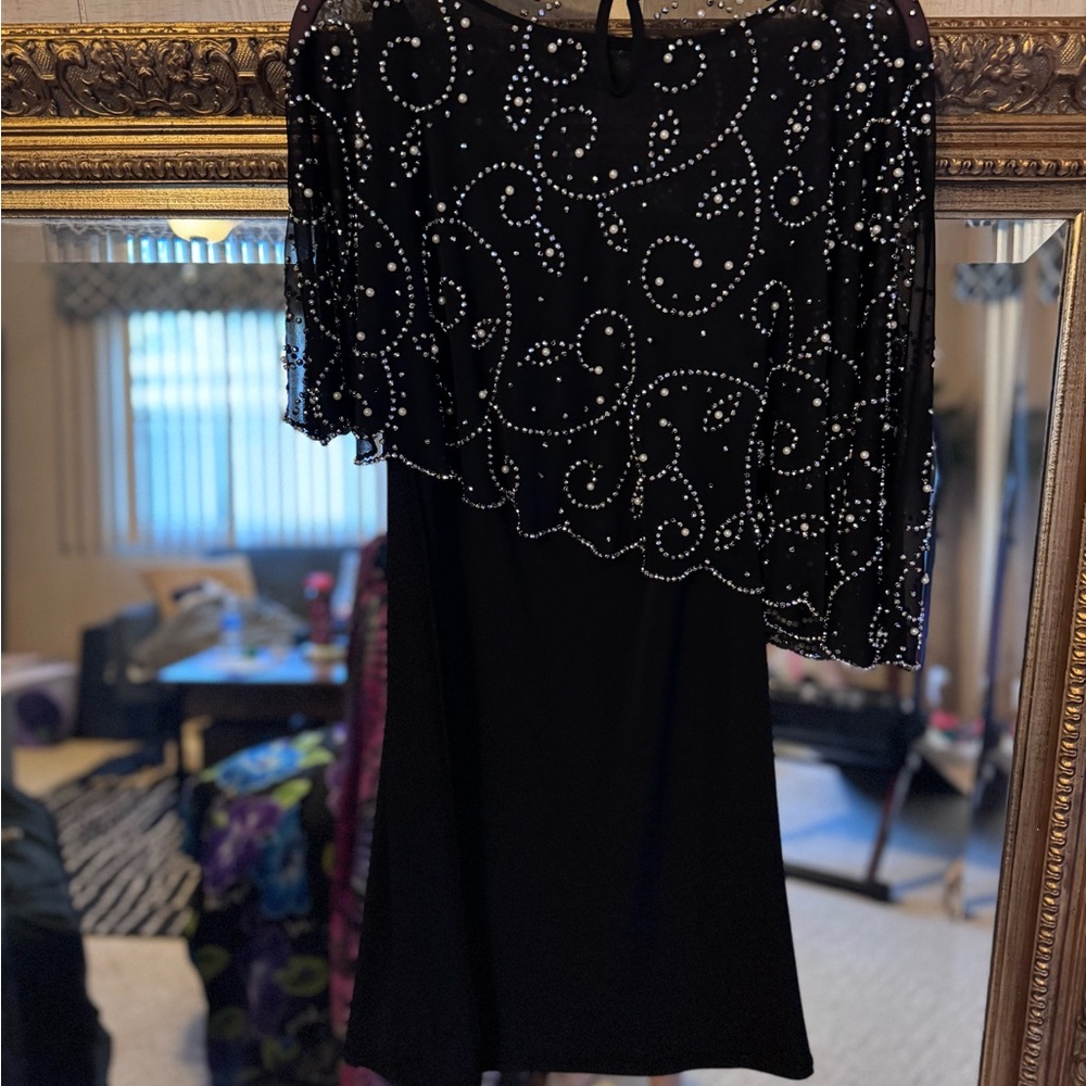 Elegant Black Dress with Beaded Overlay- MSK